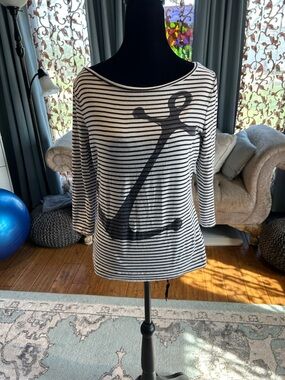 Outback Red Black & White Striped Anchor Boatneck Long Sleeve Tee